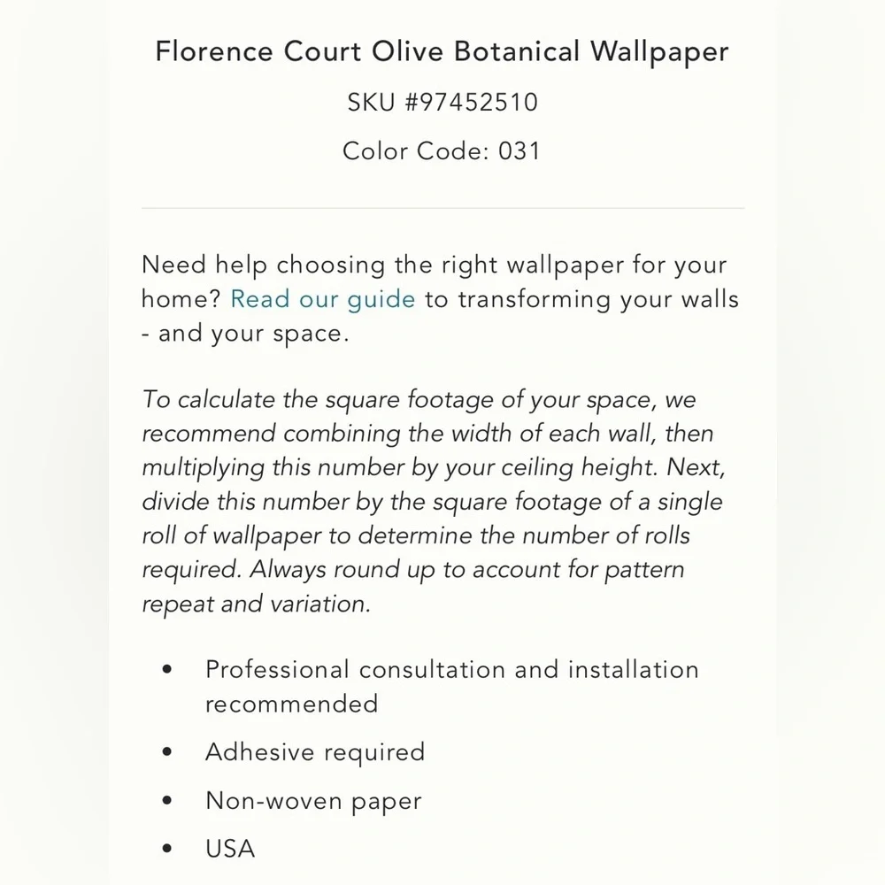 Anthropologie Florence Court Olive Botanical Wallpaper NWT